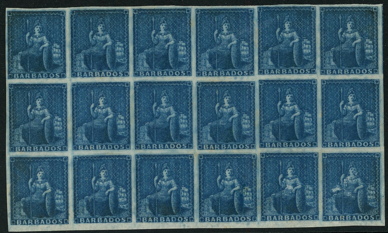 Barbados 1852 (1d) deep blue mint of 18 large part og SG 4