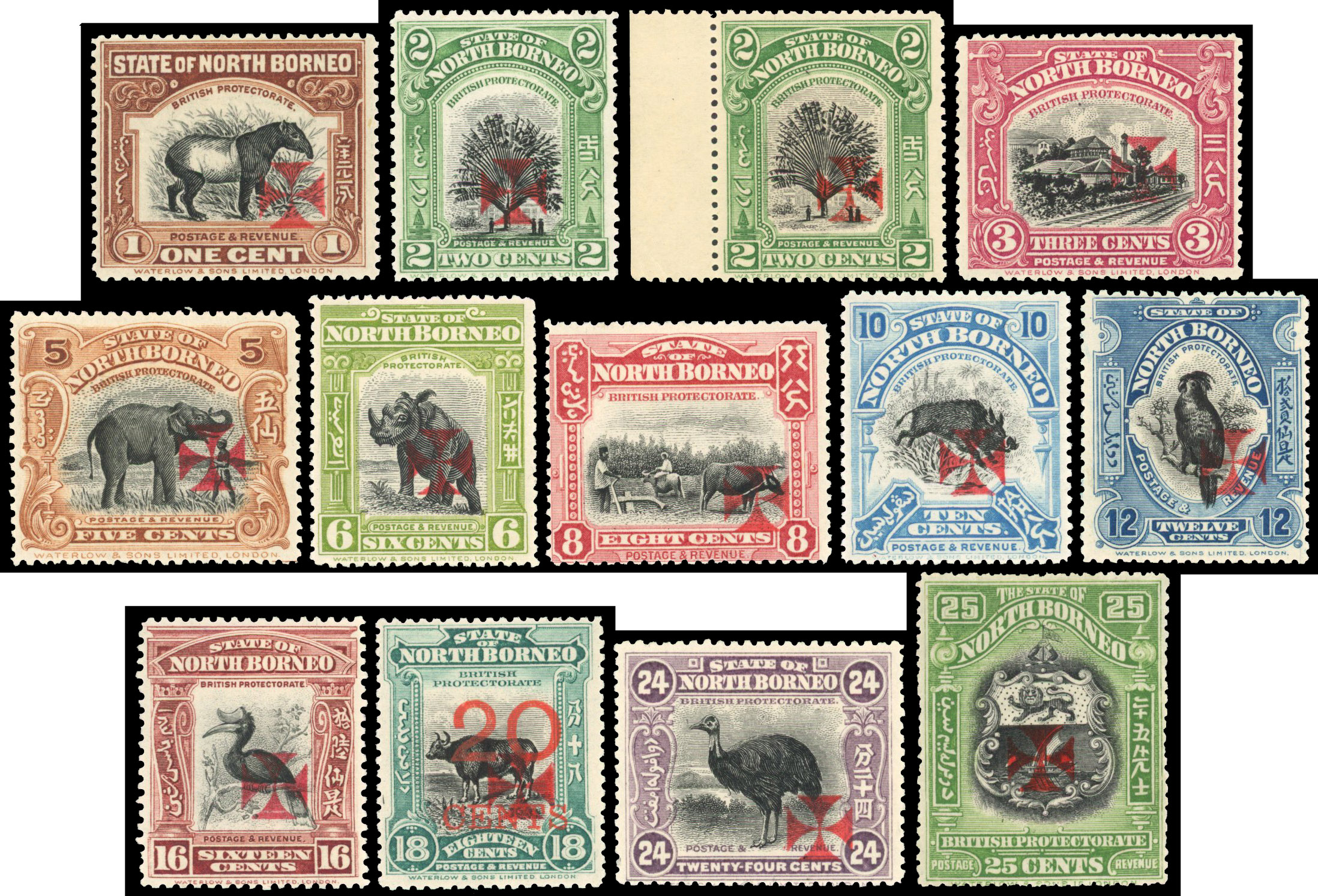 North Borneo 1916 Red Cross set of 12 to 25 with cross in carmine