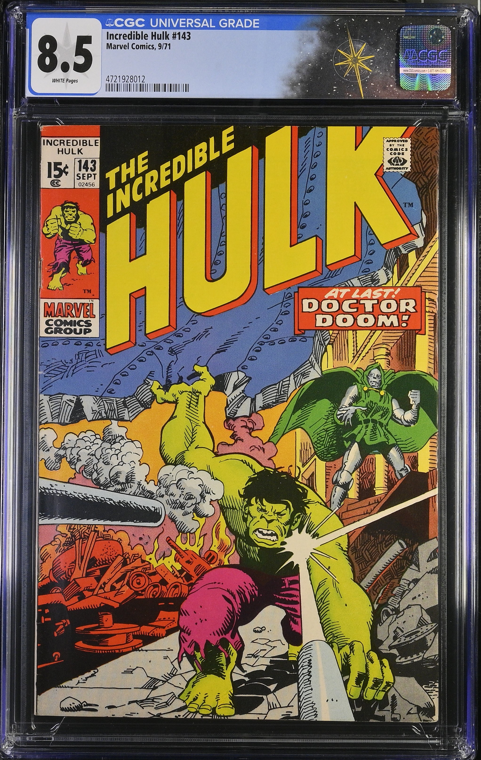 Incredible Hulk #143 CGC 8.5 "Sanctuary!” Doctor Doom & Doc Samson Appearance (Marvel Comics, 1971) White Pages