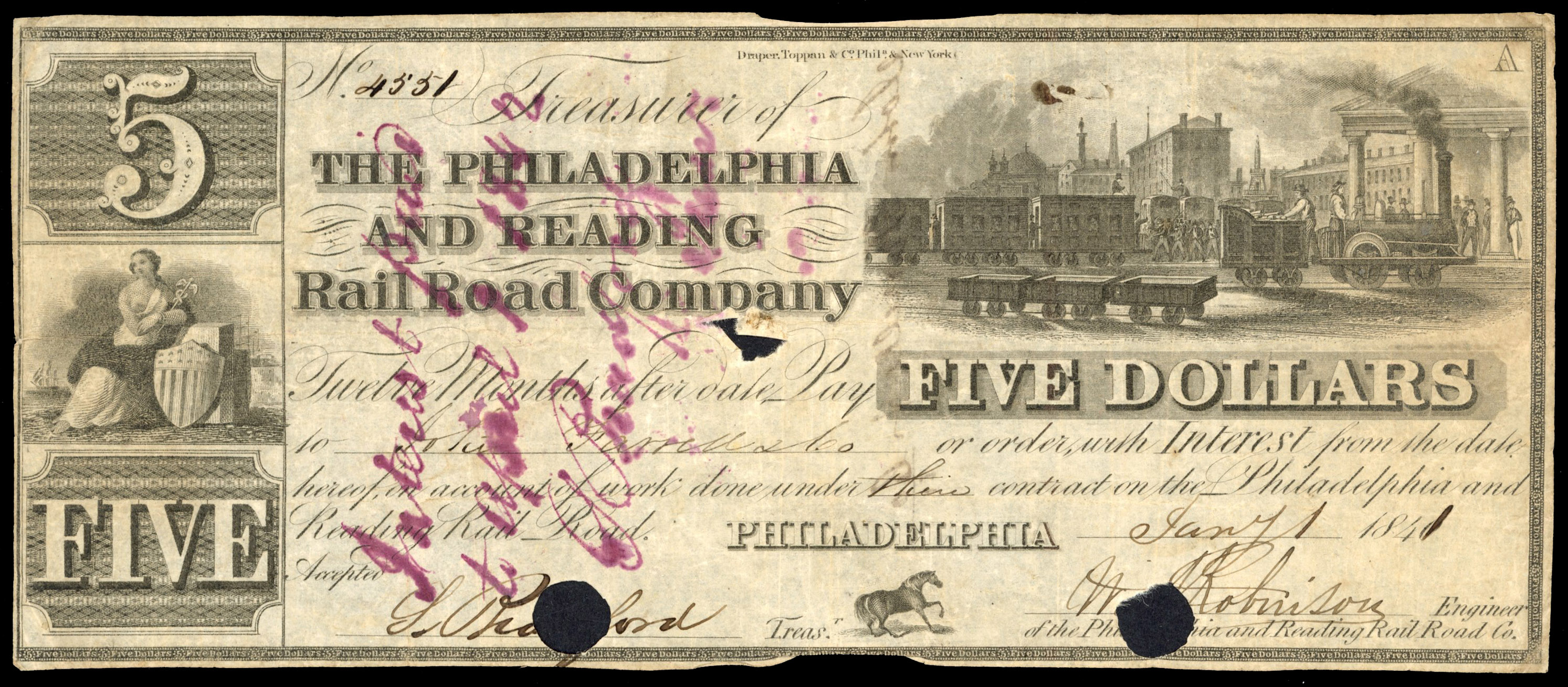 USA, PA. Philadelphia, The Philadelphia and Reading Rail Company, Cancelled uniface, interest bearing Five Dol…