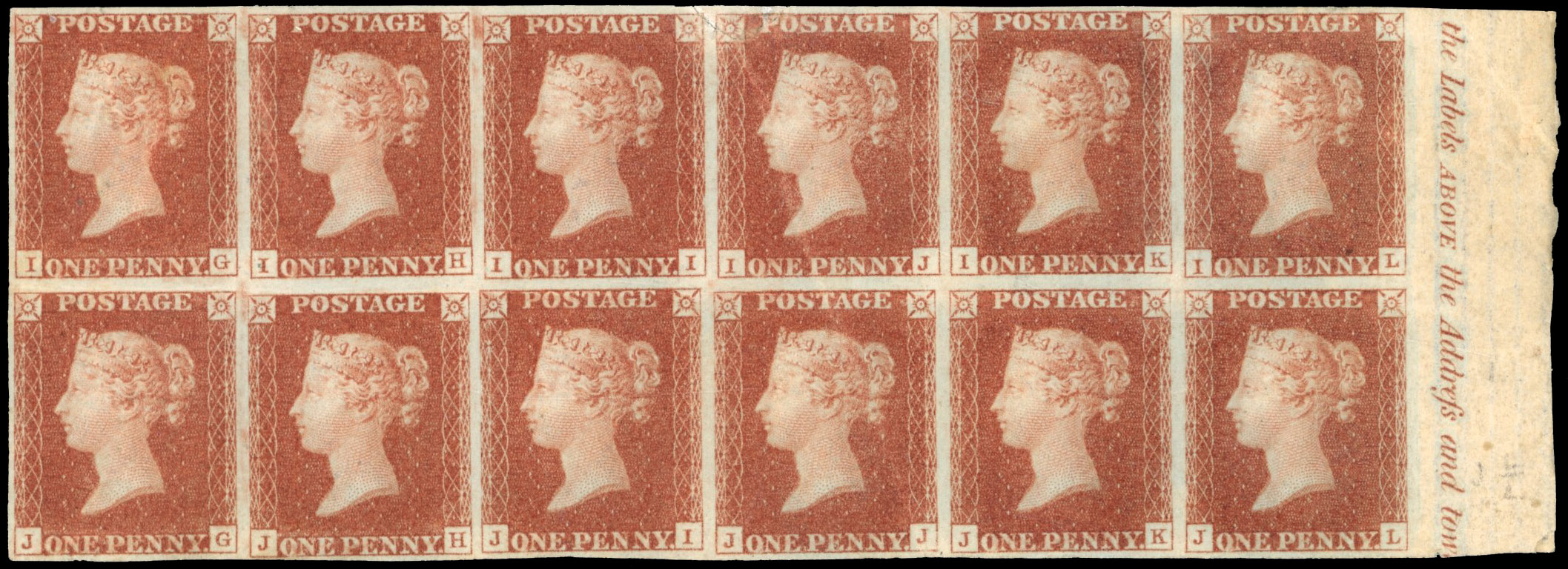 SG 7 1841 1d red-brown from black Plate 9, block of 12 mint