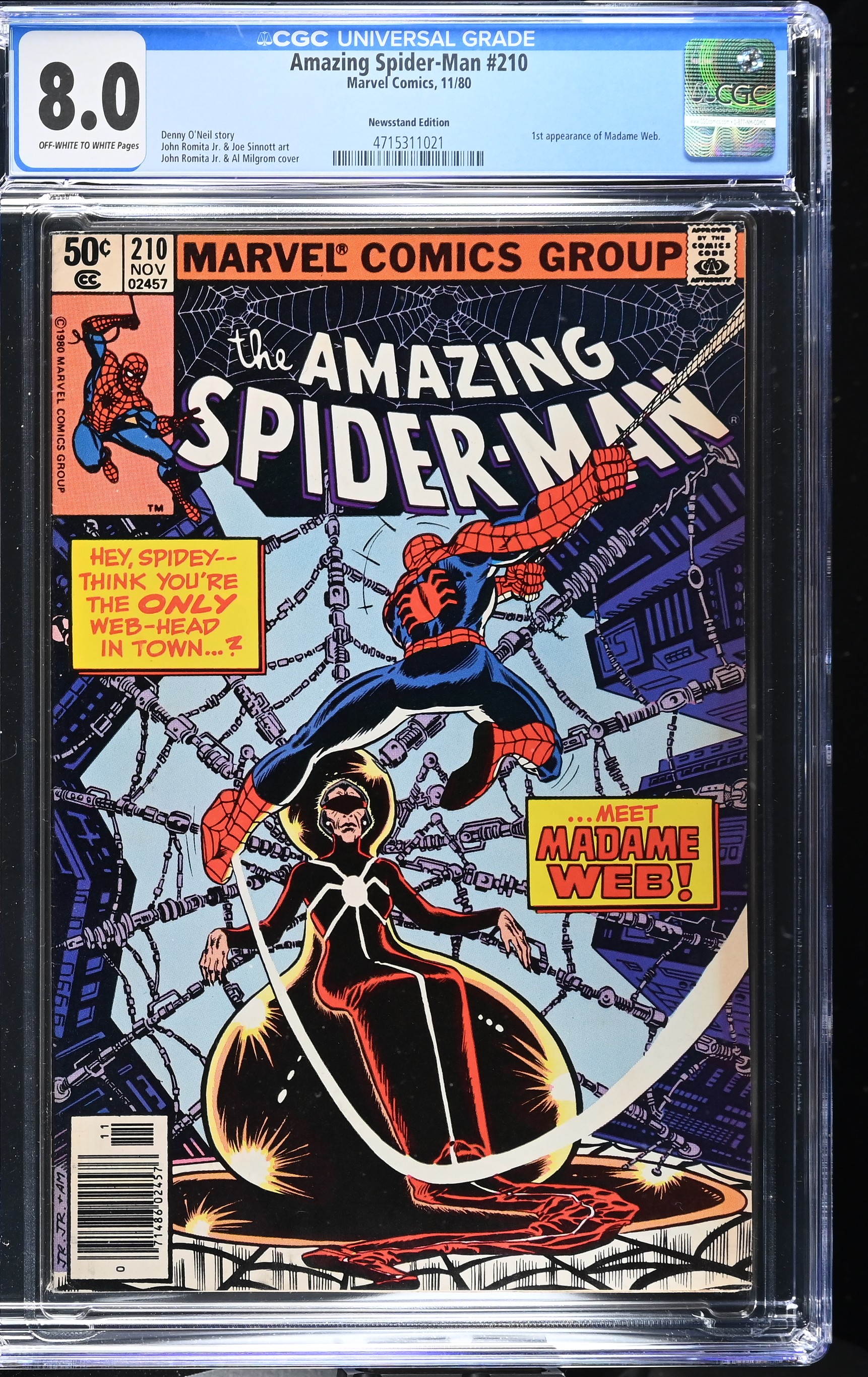 Amazing Spider-Man #210 CGC 8.0 1st Appearance of Madame Web Newsstand Edition (Marvel Comics, 1980) Off-White to White Pages