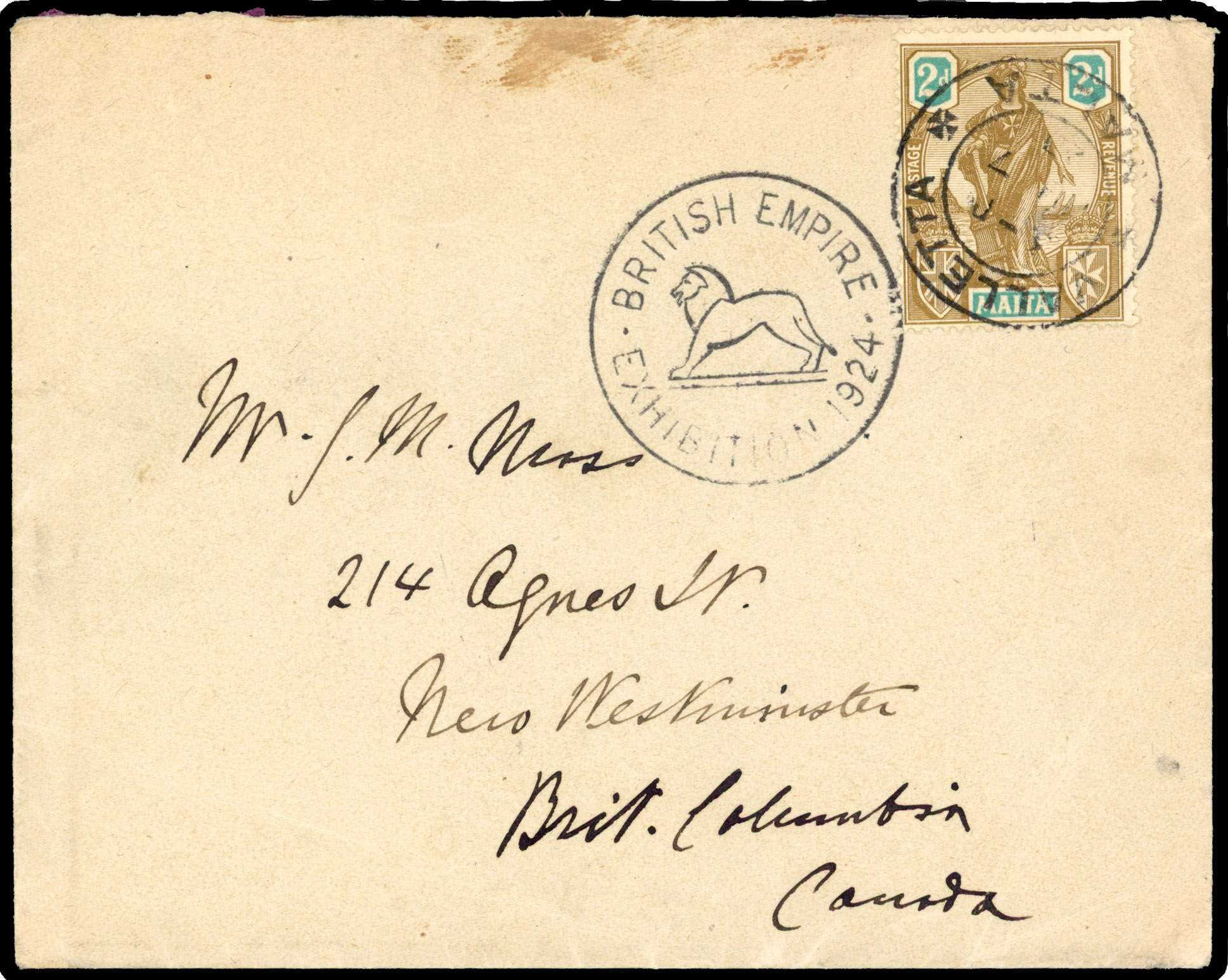 1924 cover to Canada franked 2d tied ‘VALETTA’ cds with fair strike of ’BRITISH EMPIRE EXHIBITION 1924' cachet