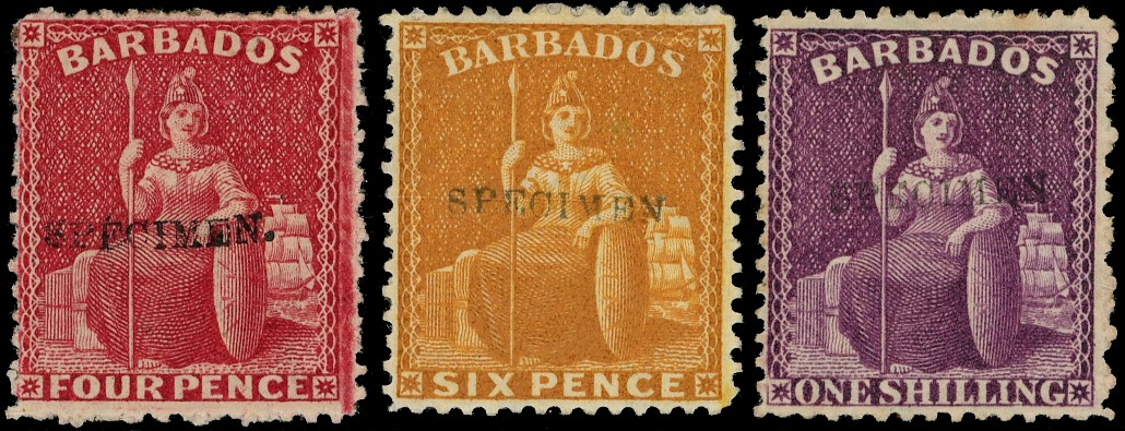 BARBADOS: 1875-81 issued stamps perforated 14: 4d, 6d and 1s each handstamped “SPECIMEN”