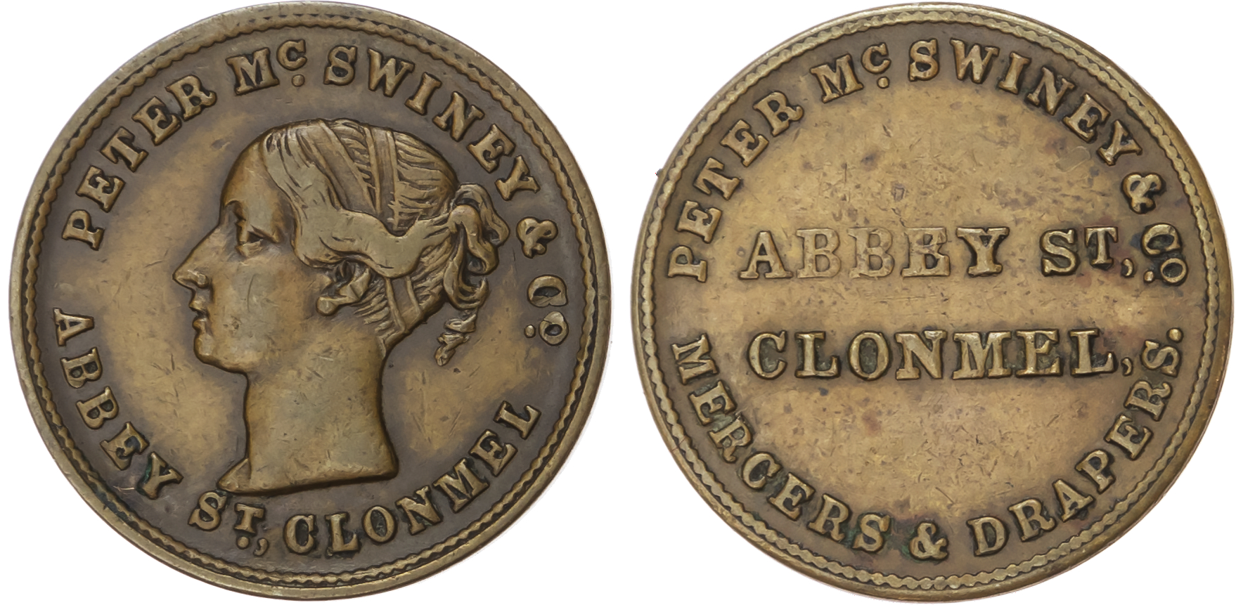 Cloyne, Richard Swanton, (woollen draper & hatter) farthing (1845), same three-line legend both sides. 21.5mm.…
