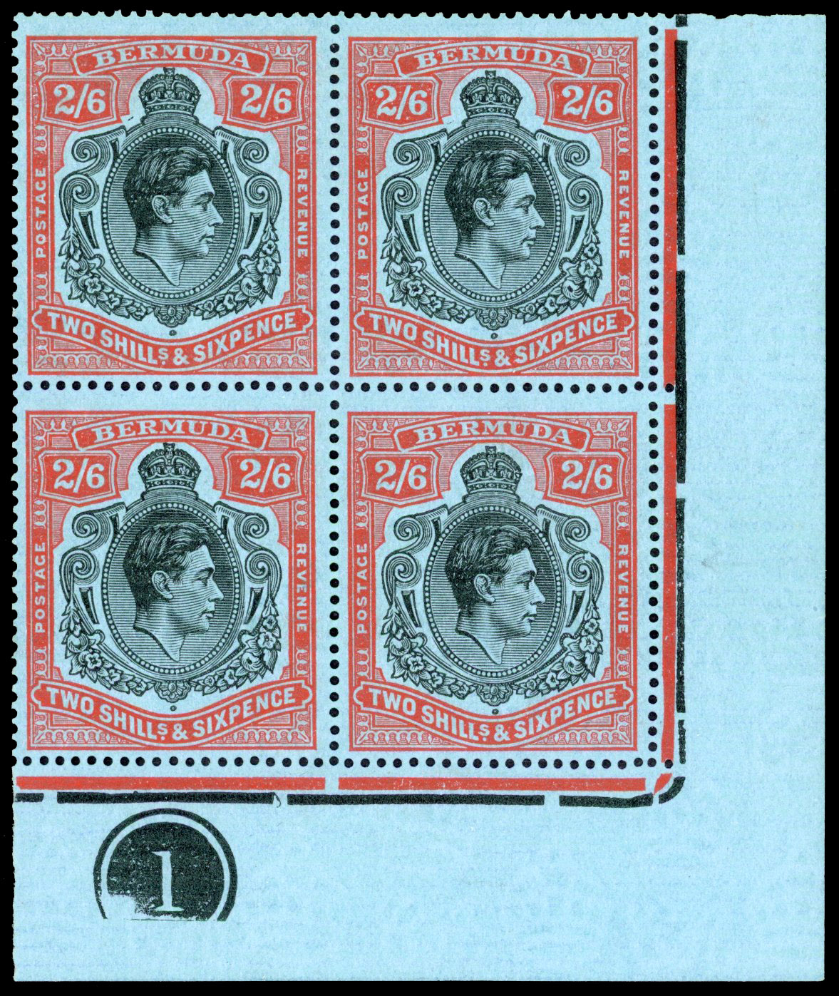 Bermuda SG 117b, be Plate block mint