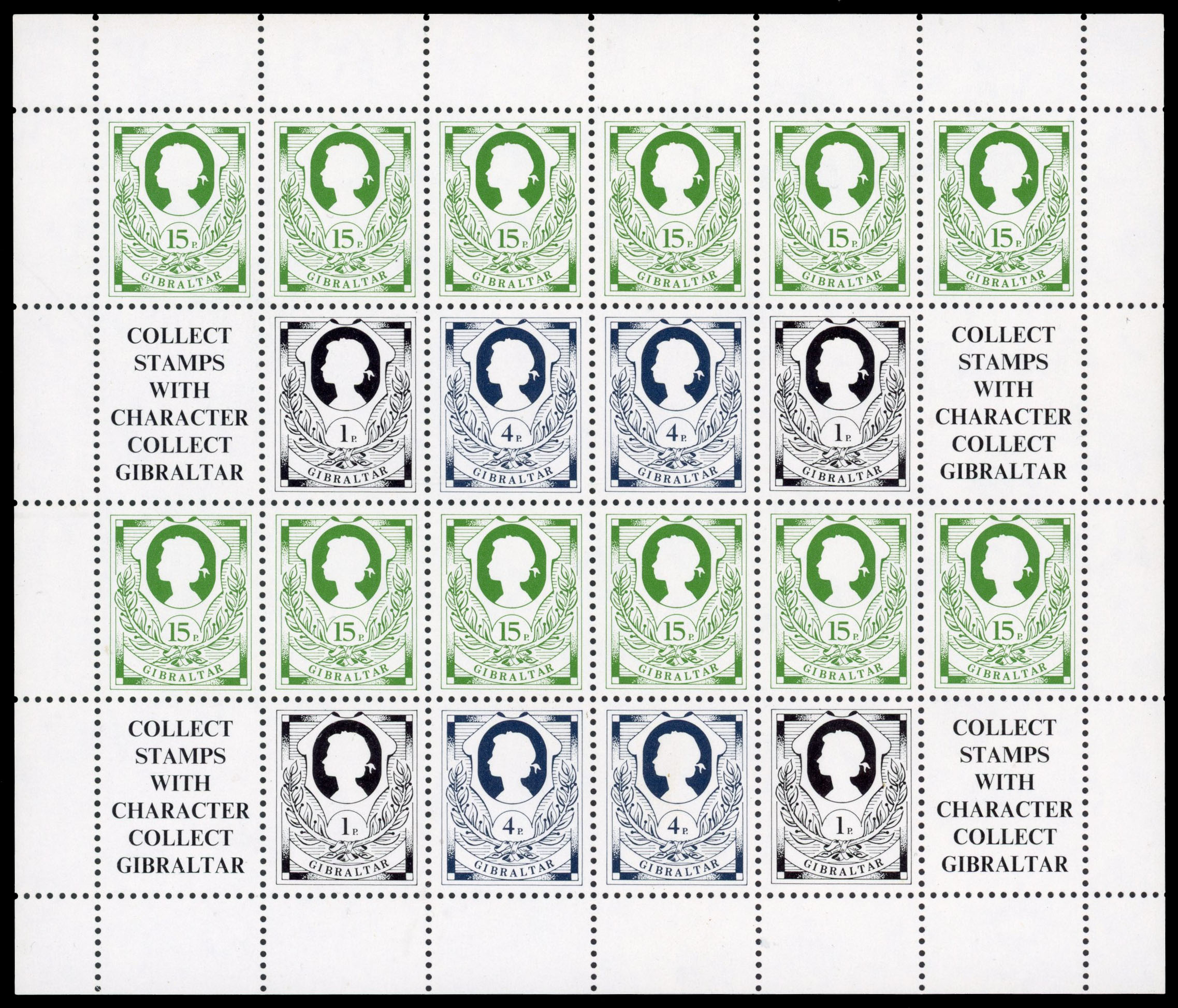 Gibraltar 1981 Booklet stamps, uncut booklet sheet of 20 stamps and four labels, SG 451/453var