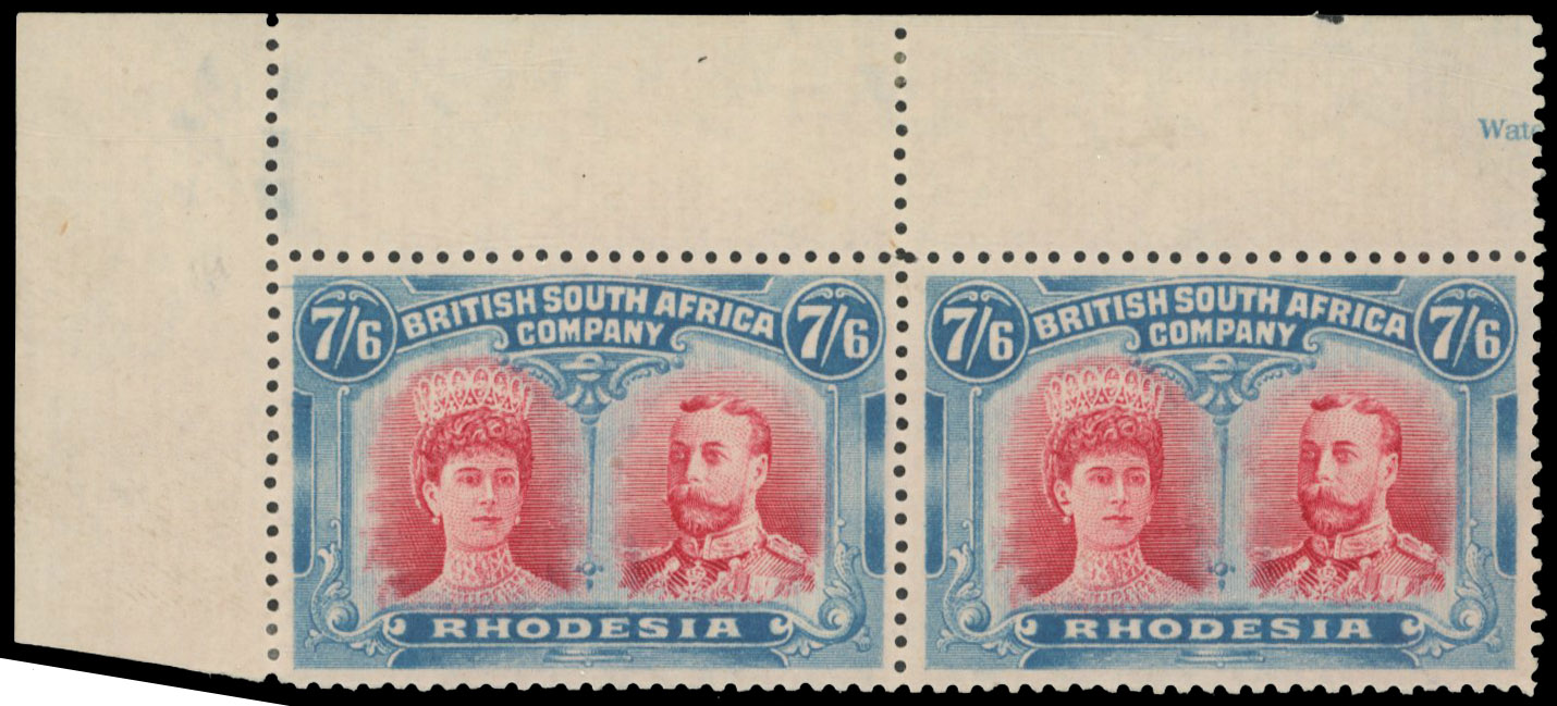 7s6d carmine and light blue SG 161 corner pair, position 2 Gash in Ear mint