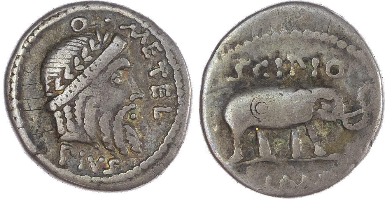 Q. Caecilius Metellus Pius Scipio (46 BC) AR Denarius, moving mint with Scipio in Africa, 3.89g. Q•METEL•PIVS, laureate head