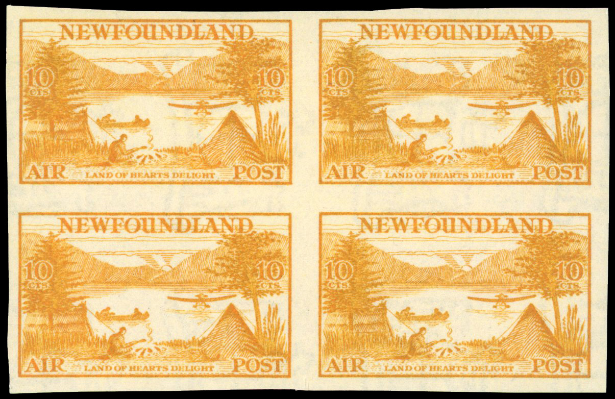 Newfoundland 1933 Air 10c imperf block of 4 variety Watermark top of shield to left