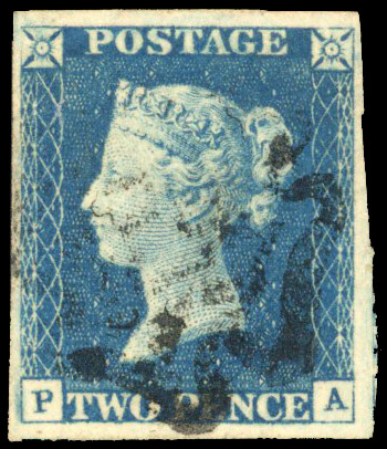 1840 2d blue Plate 1 (PA). Very fine used good to large four-margined example cancelled by Plymouth special MC.