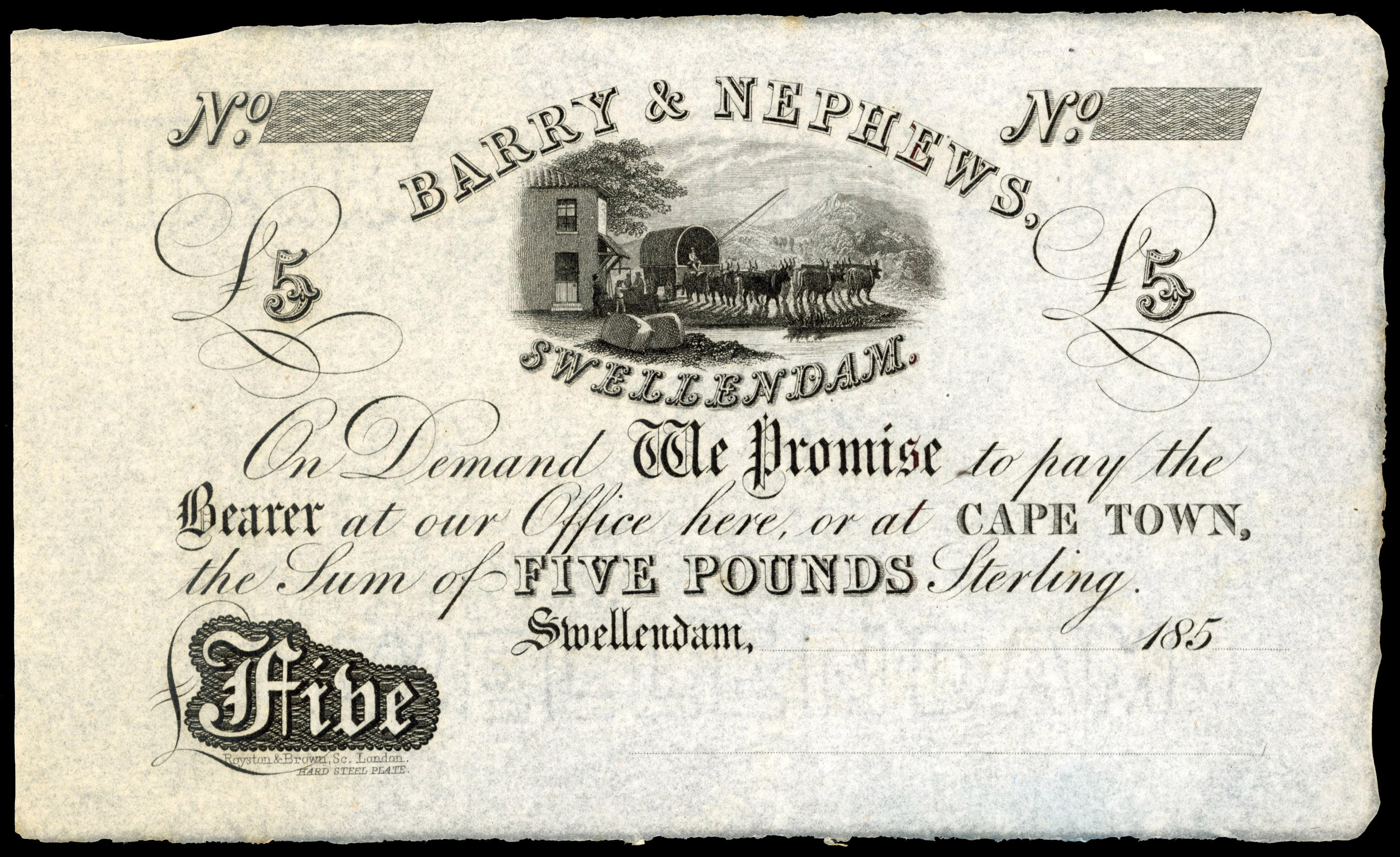 South Africa, Swellendam, Barry & Nephews uniface unissued Five Pounds, 185-, without full date, serial number…