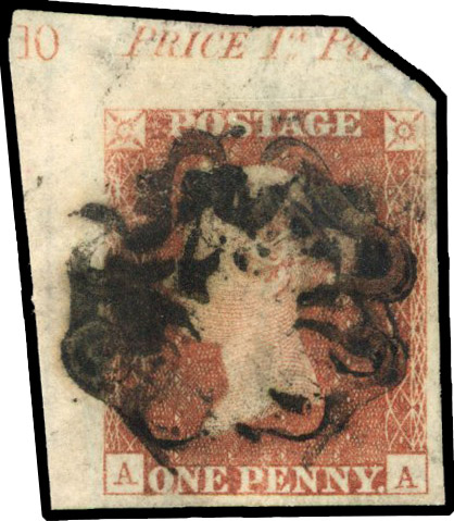 1841 1d Red-brown Pl.10. (Black Plate). Used top left corner marginal example lettered AA