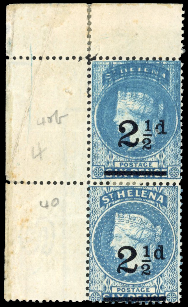 St Helena SG 40b 1893 2½d vertical pair, upper stamp doubly printed mint