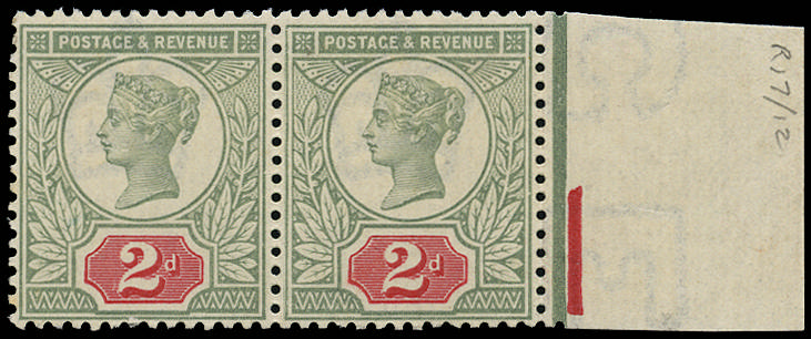 Great Britain 1887 2d Yellow-green & carmine. Very fine unmounted o.g. right hand marginal horizontal pair, printe…