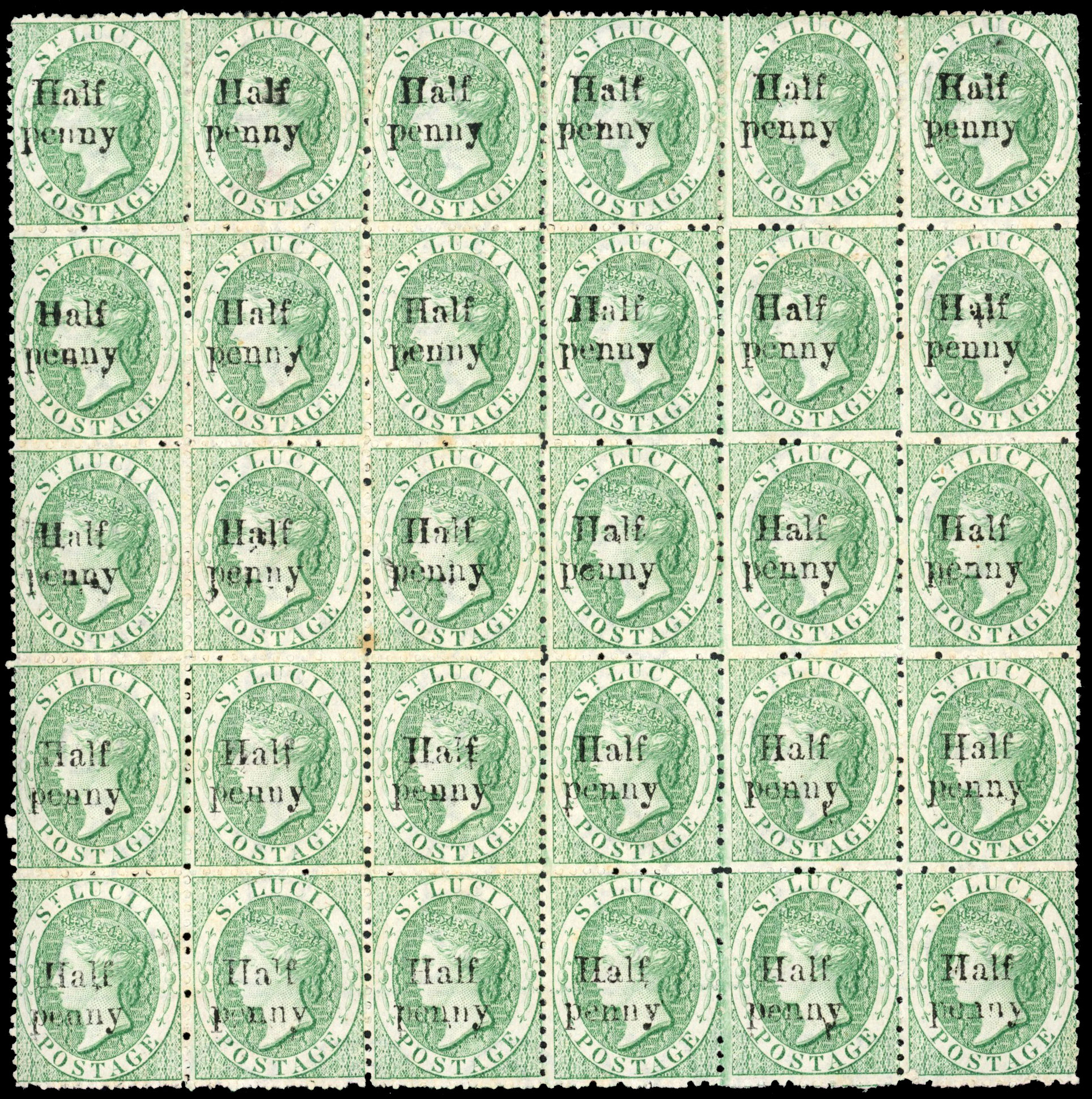 St Lucia SG 9 1876 unissued ½d on 6d block of thirty mint