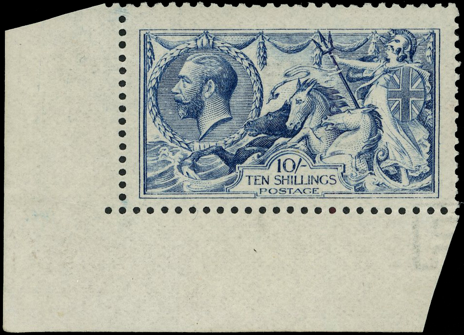 1915-18 De La Rue 10s blue, lower left corner, fresh large part og
