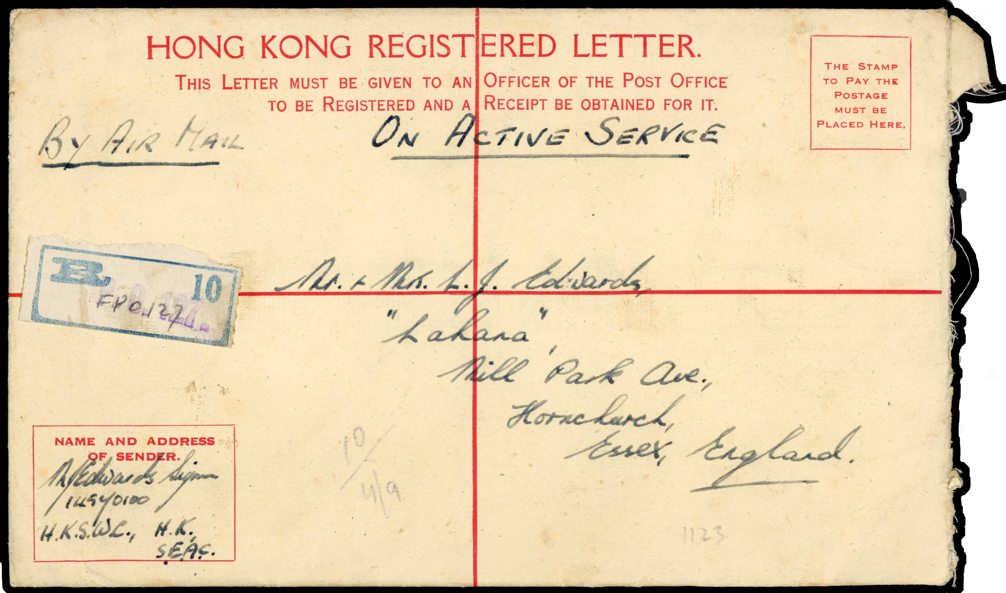 Hong Kong 1946 registered envelope to Essex