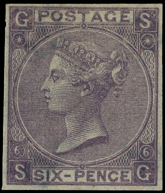 1867 6d lilac Pl.6. Very fine unused o.g. top marginal imperforate imprimatur lettered SG. Scarce one of only 21 possibl…