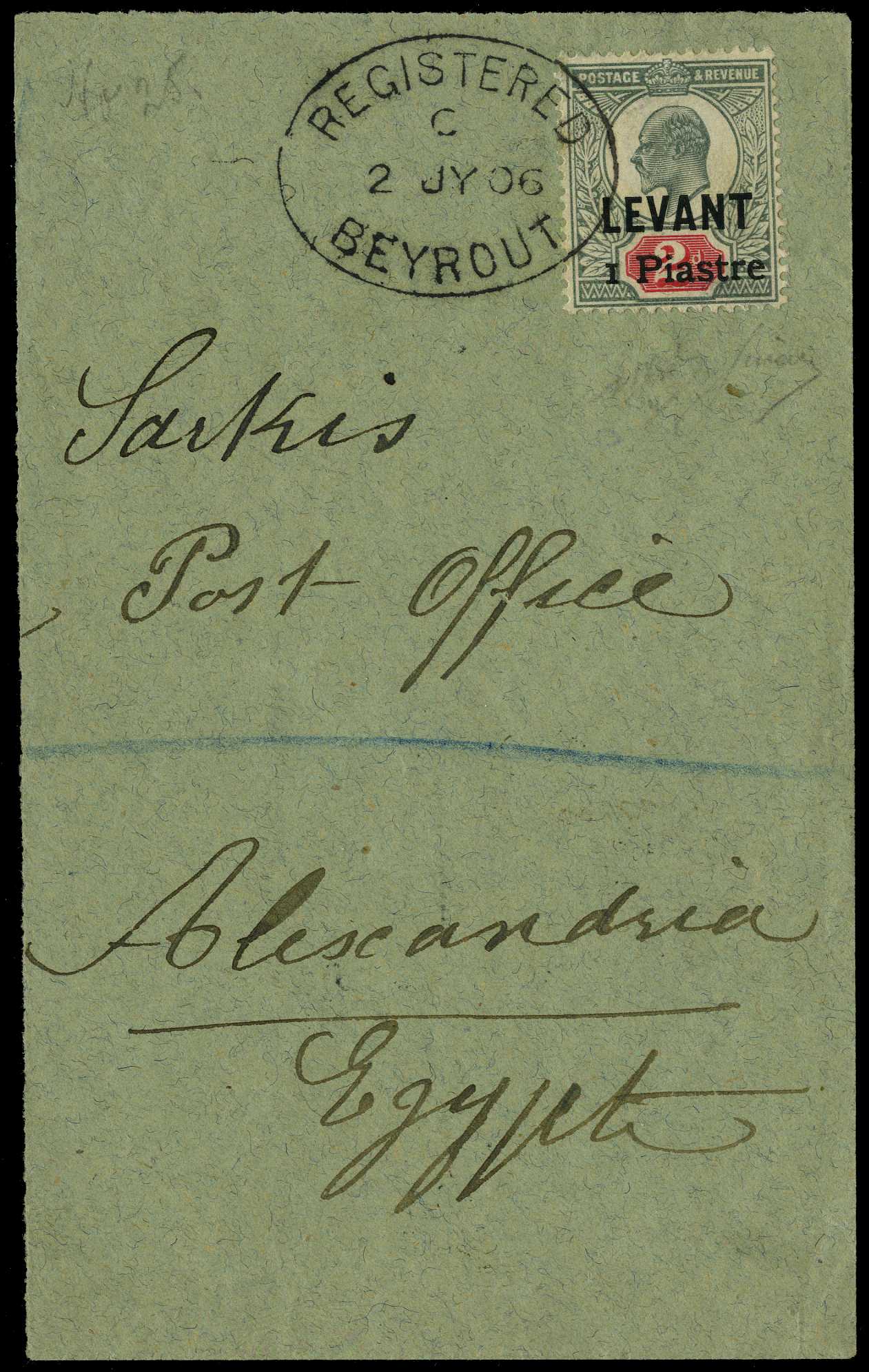 1906 '1 Piastre' on 2d grey-green and...