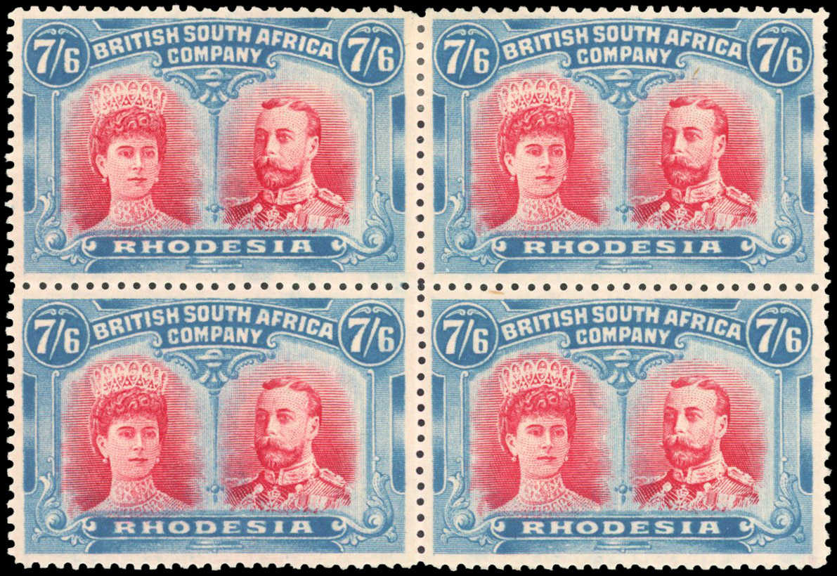 Rhodesia 1910-13 7s6d carmine and light blue perf 14 block of 4