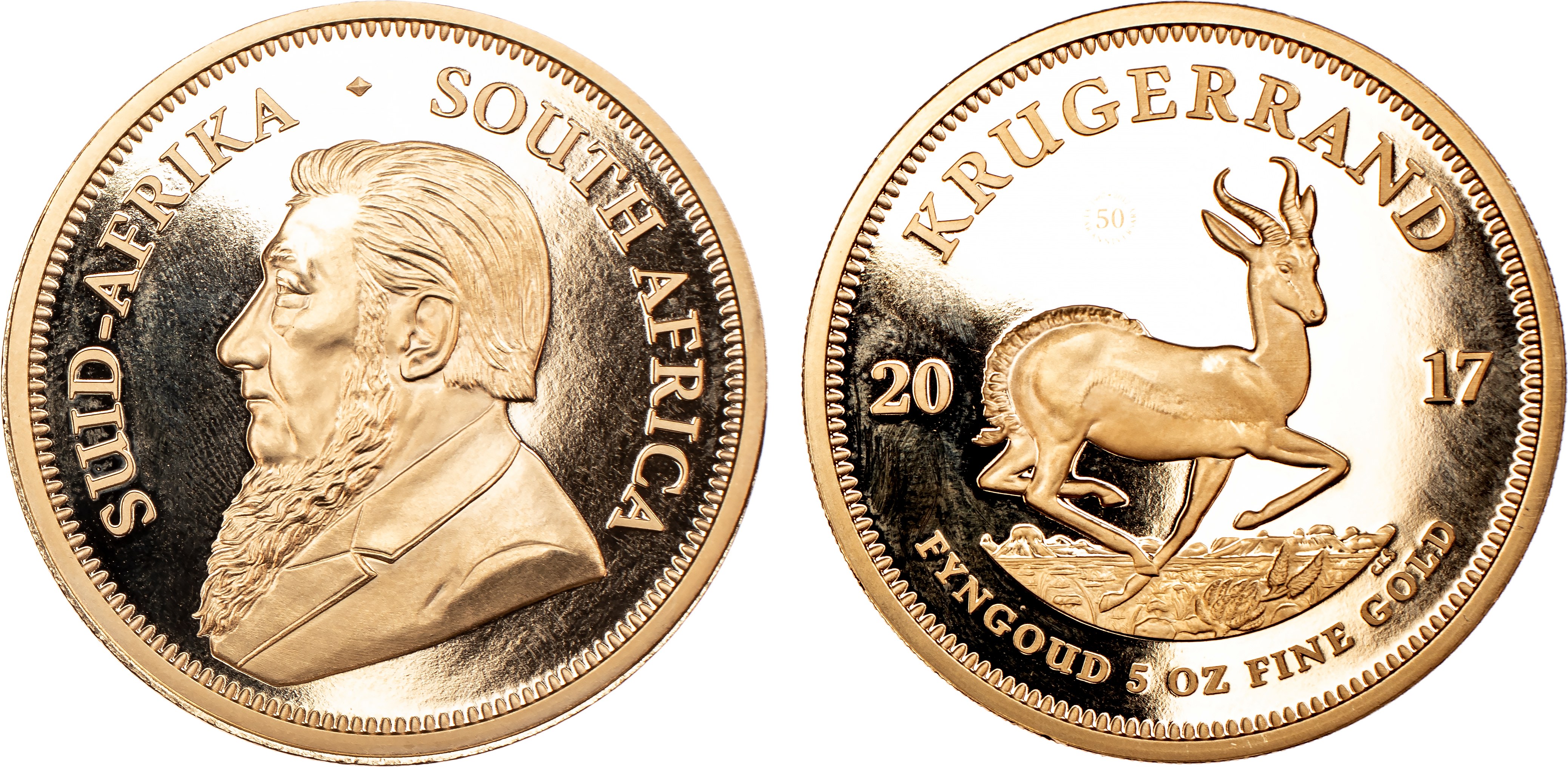 South Africa, gold Proof 5 Oz Krugerrand, 2017, 50th Anniversary of Krugerrand