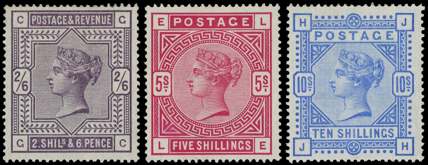 1883-84 2s6d (CG), 5s (LE) and 10s (JH); all fresh large part og