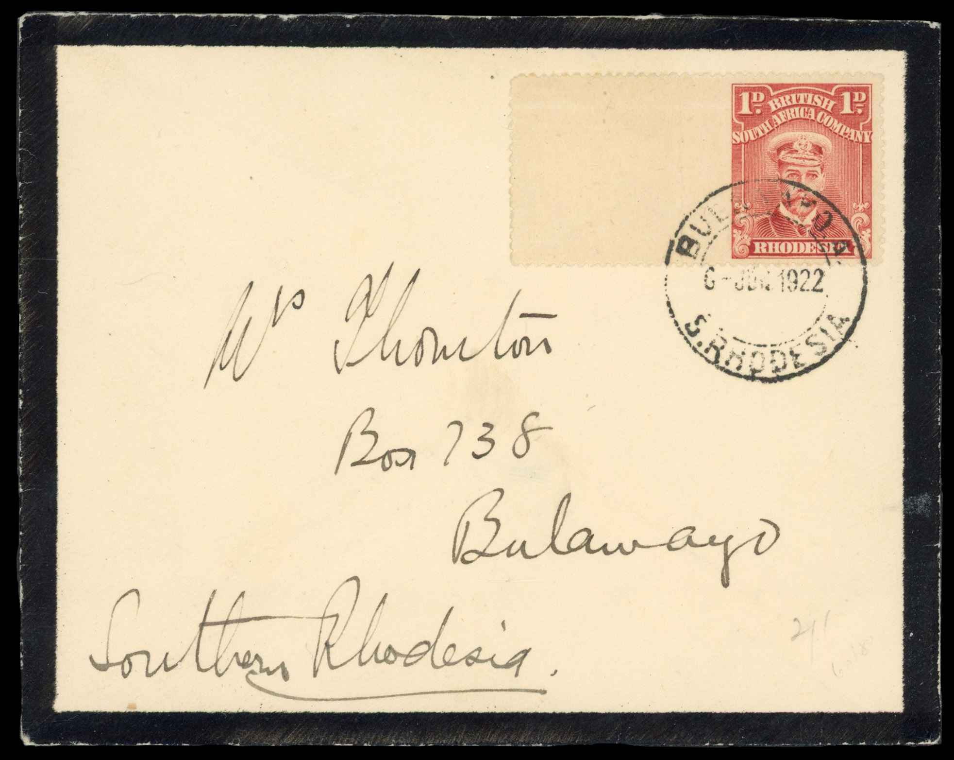 Rhodesia 1d imperf between stamp and margin on cover