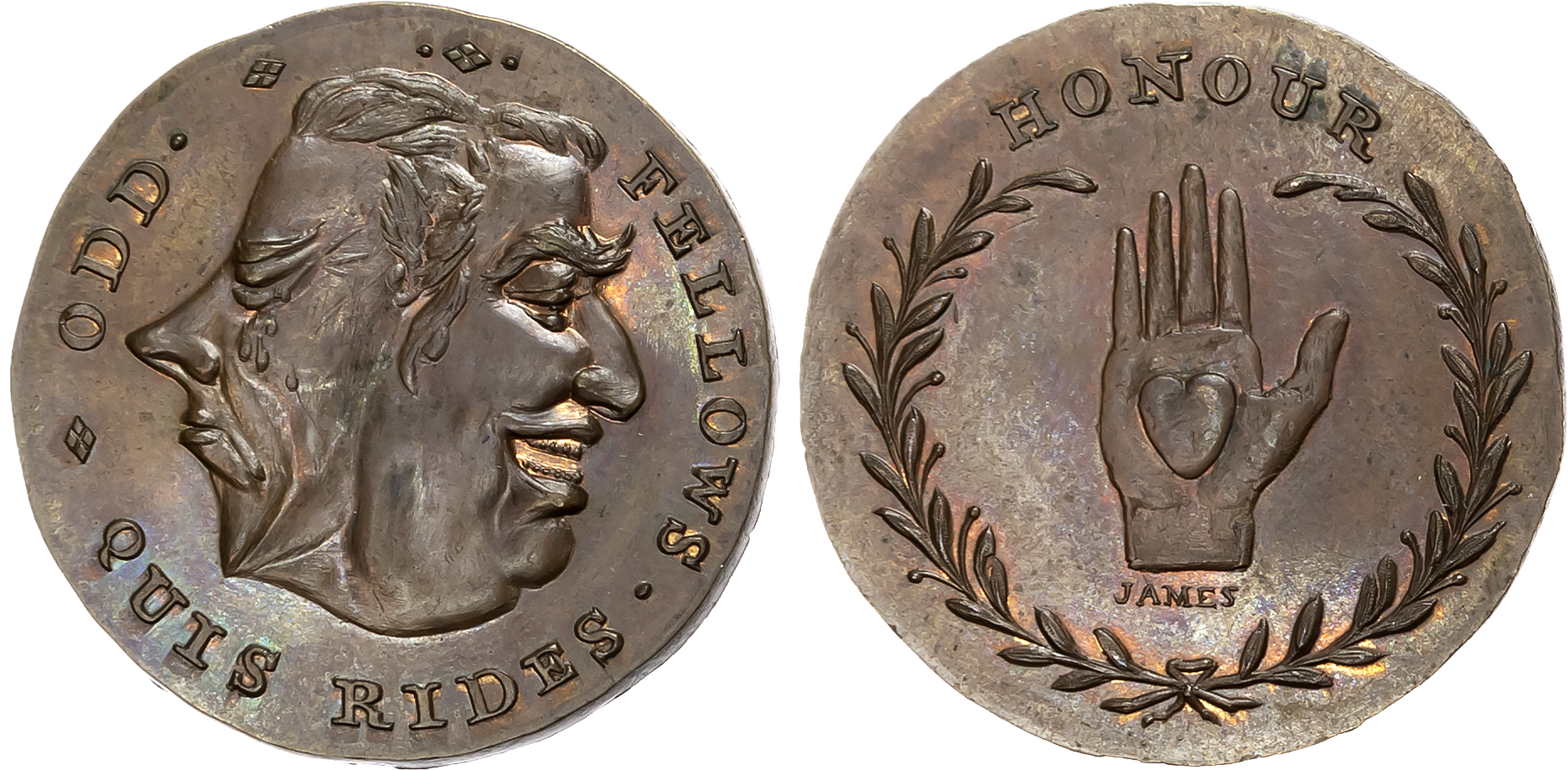 London, Holborn, Thomas Spence Halfpenny undated, Heads of Pitt frowning and Fox laughing, conjoined, rev. Heart in hand …