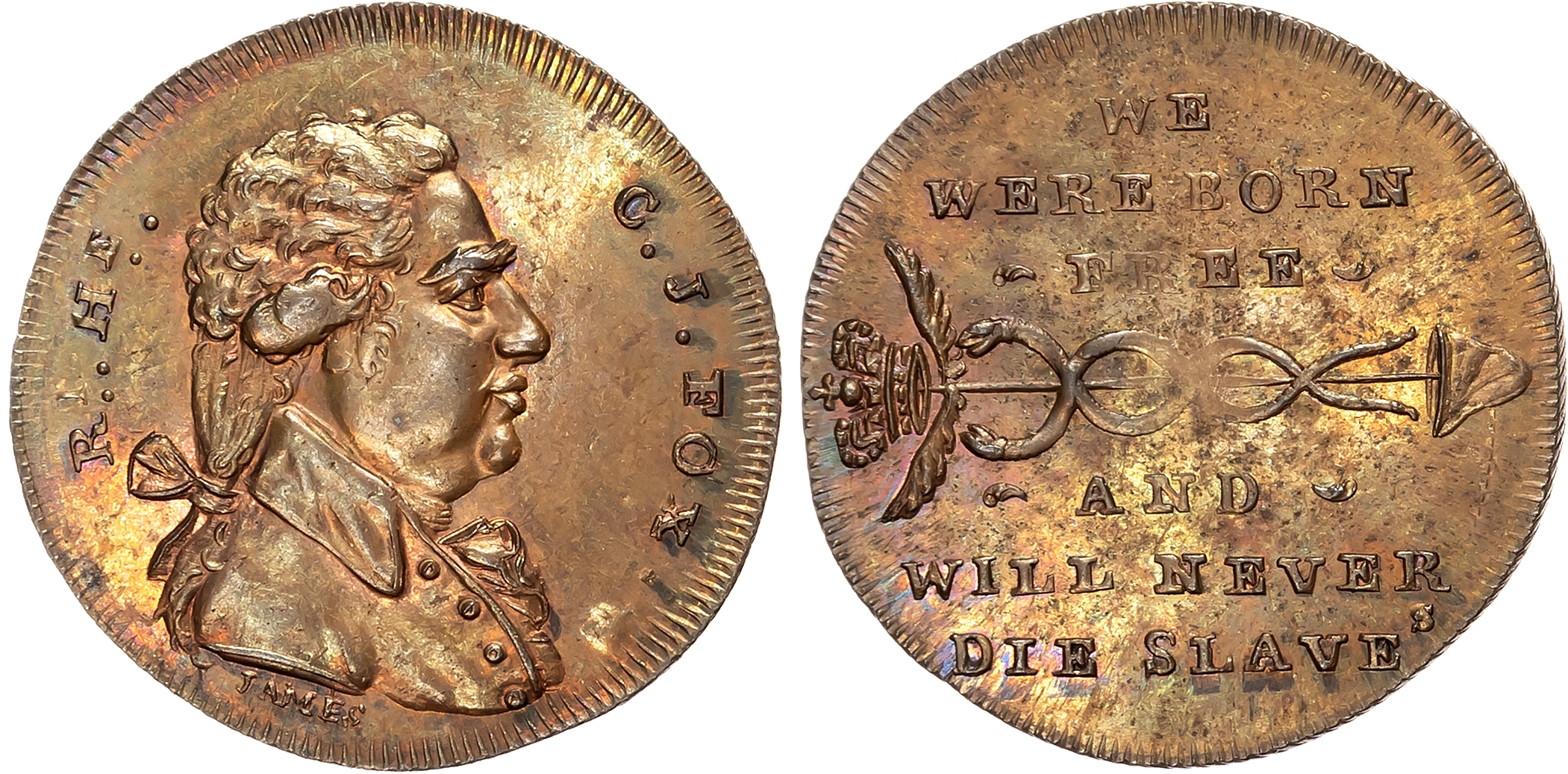 London, Holborn, Thomas Spence Halfpenny undated, Draped bust right of the radical and pro republican MP Charles Fox, re …