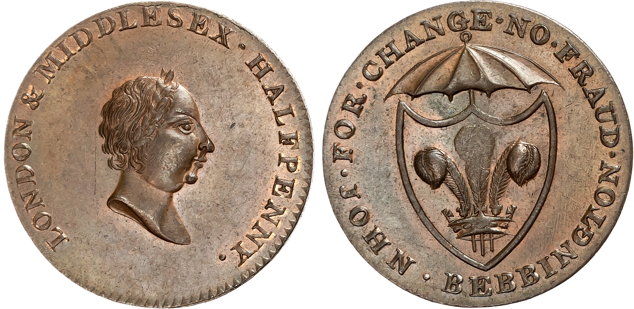 London, City Road , John Bebbington (umbrella maker) Halfpenny [late1790s], Bust left of Prince of Wales ?, rev. Umbrell …