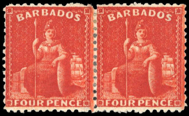 Barbados 1875-81 SG 68w 4d deep red pair mint