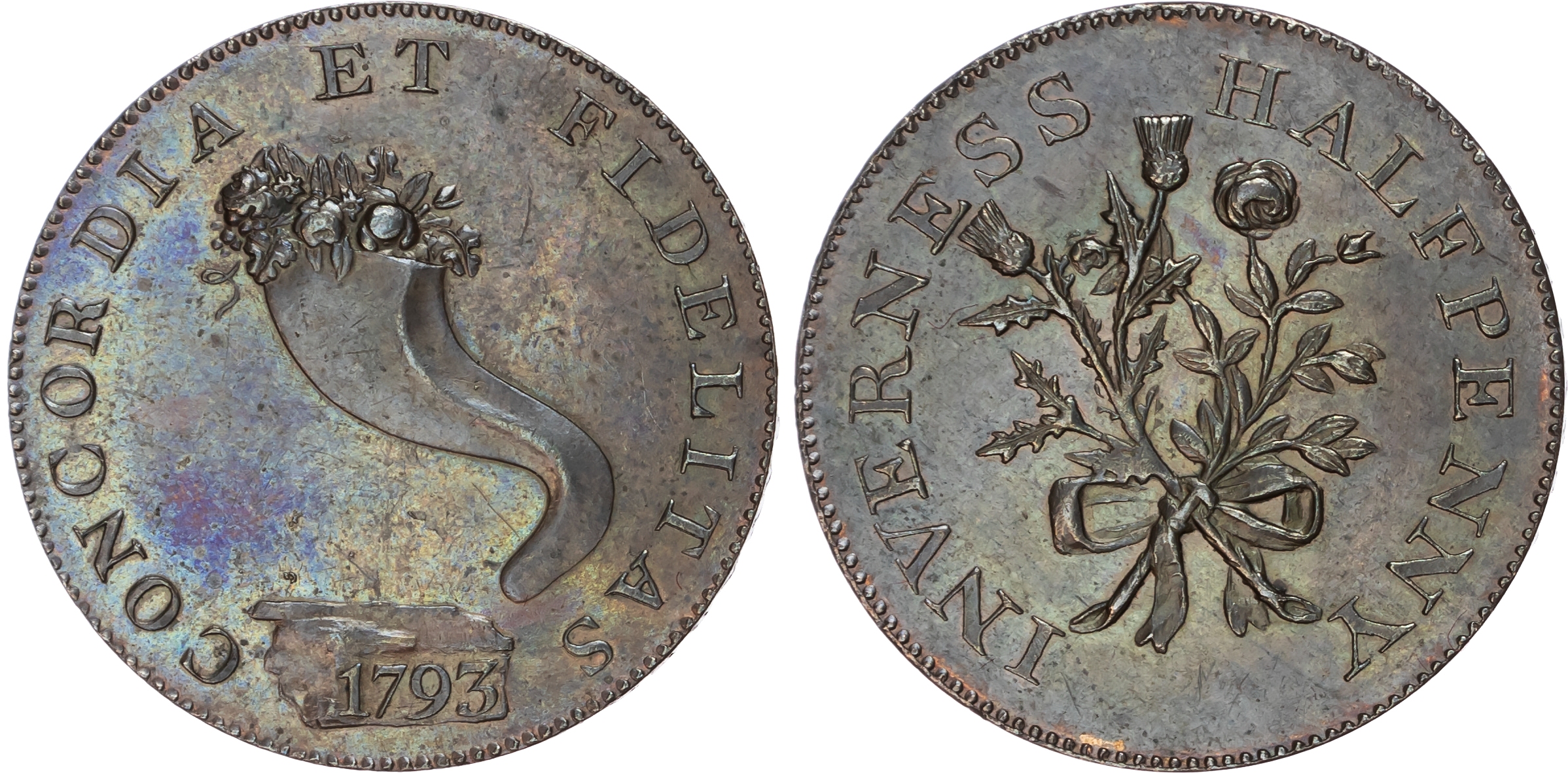 Inv. nverness, Mackintosh, Inglis & Wilson (sailcloth and sacking manufacturers) Halfpenny 1793, cornucopia ov…