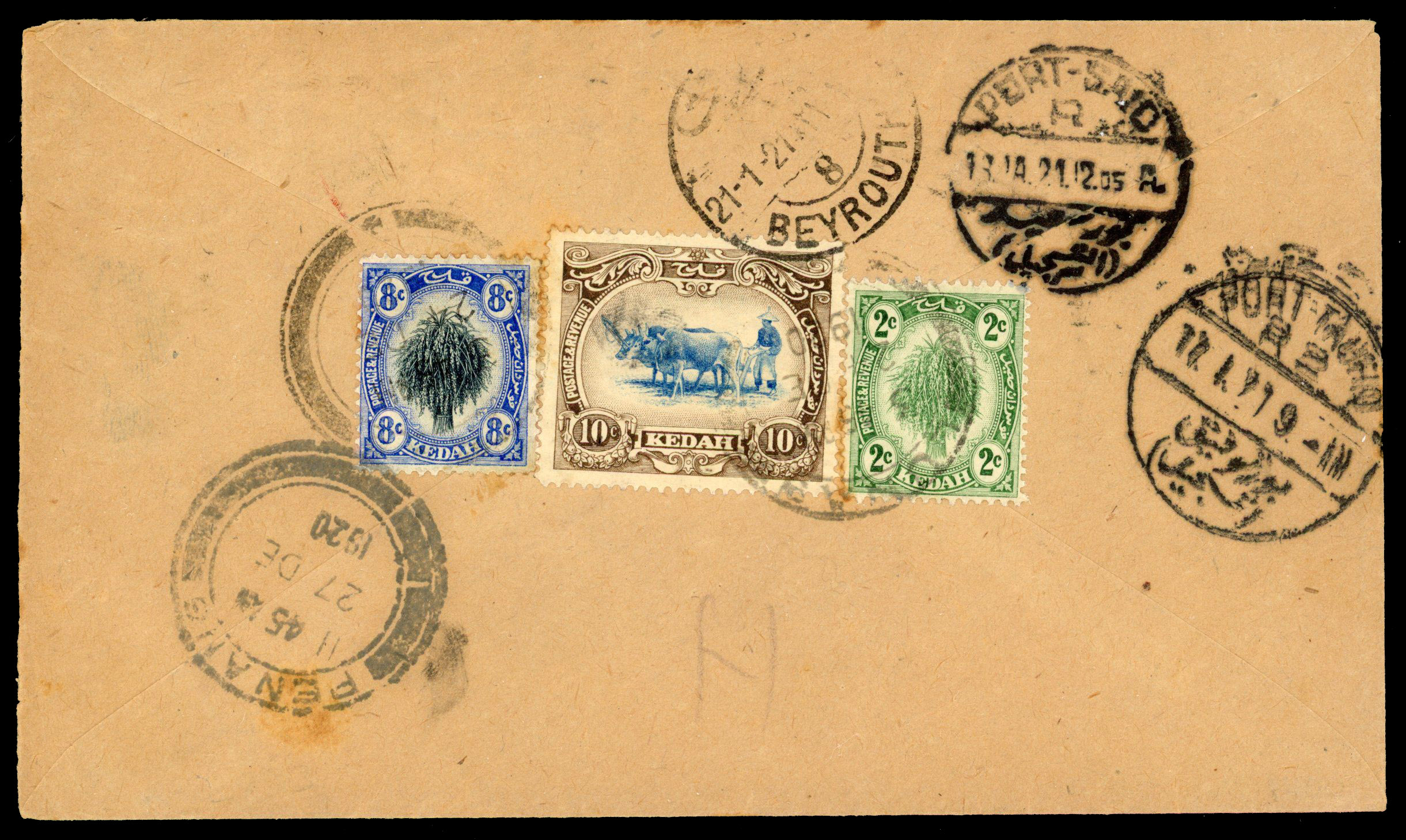 KEDAH: 1920 registered cover to Syria, boxed Lunas registration mark, and on reverse franked 2c, 8c