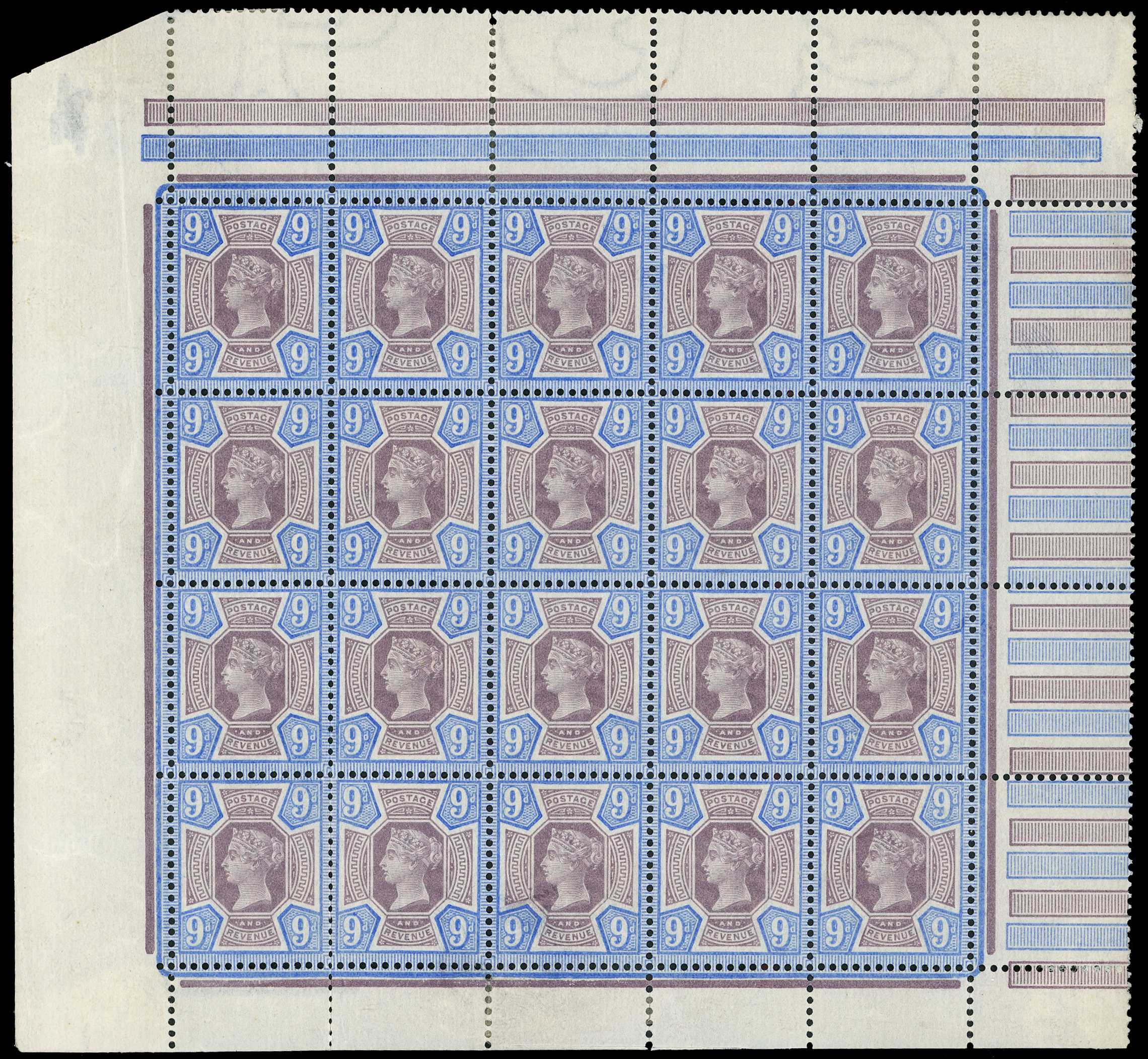 1897 9d dull purple and blue complete pane...
