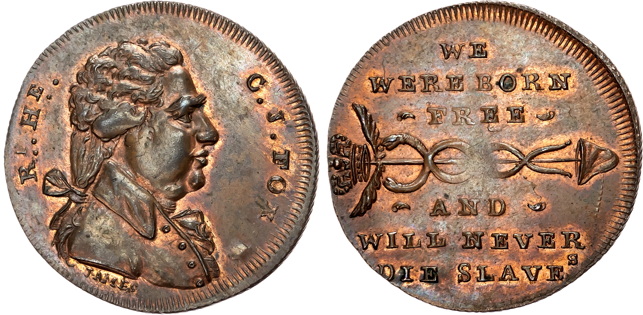 London, High Holborn, Thomas Spence Halfpenny, Bust of C. J. Fox, rev. Caduceus, WE WERE BORN FREE etc, edge milled, 29 …