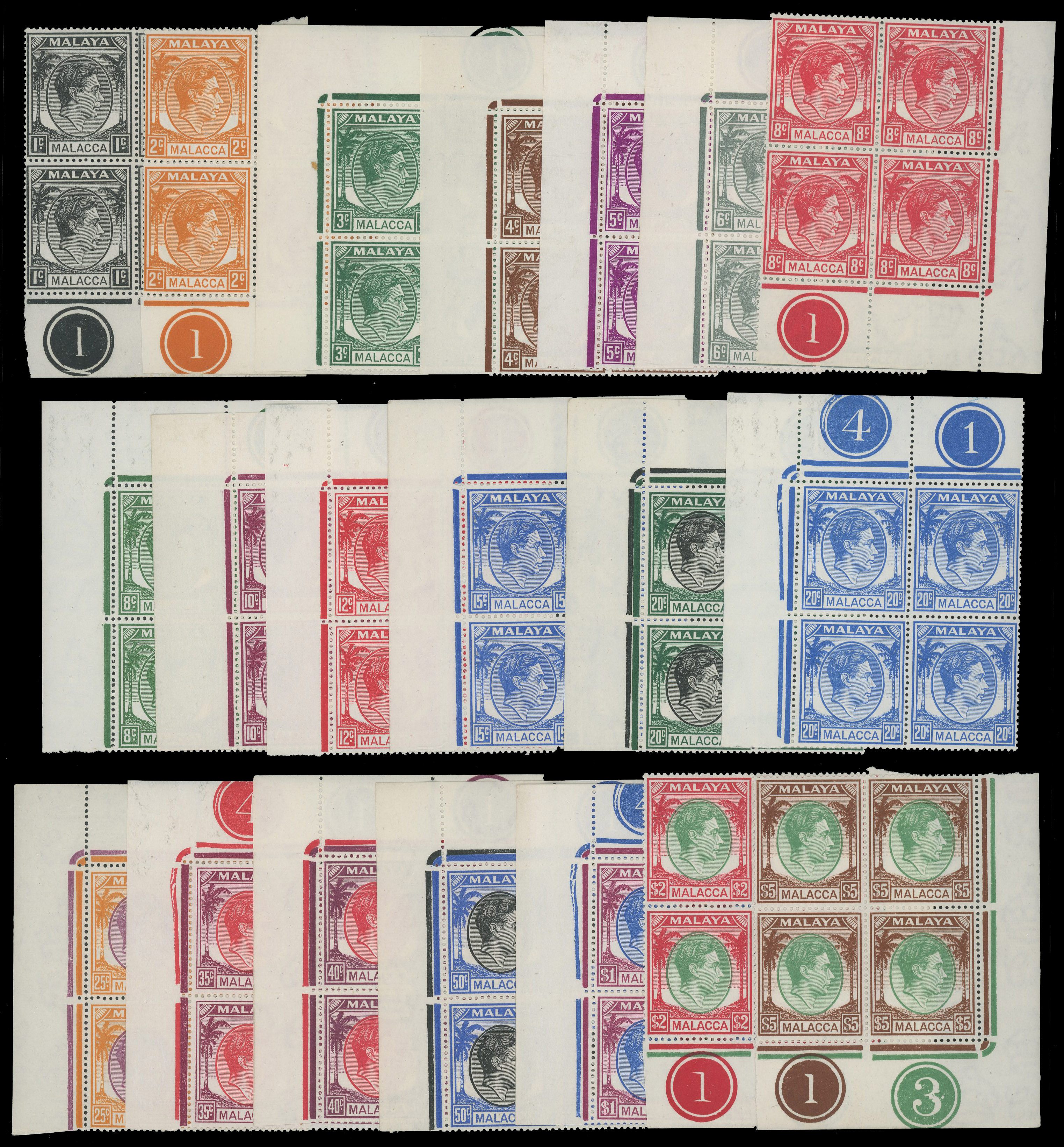Malaya Malacca SG 3-17 Plate blocks mint
