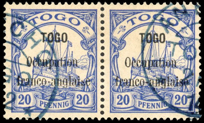 Togo (French) SG 3 1914 20pf 3mm spacing pair used