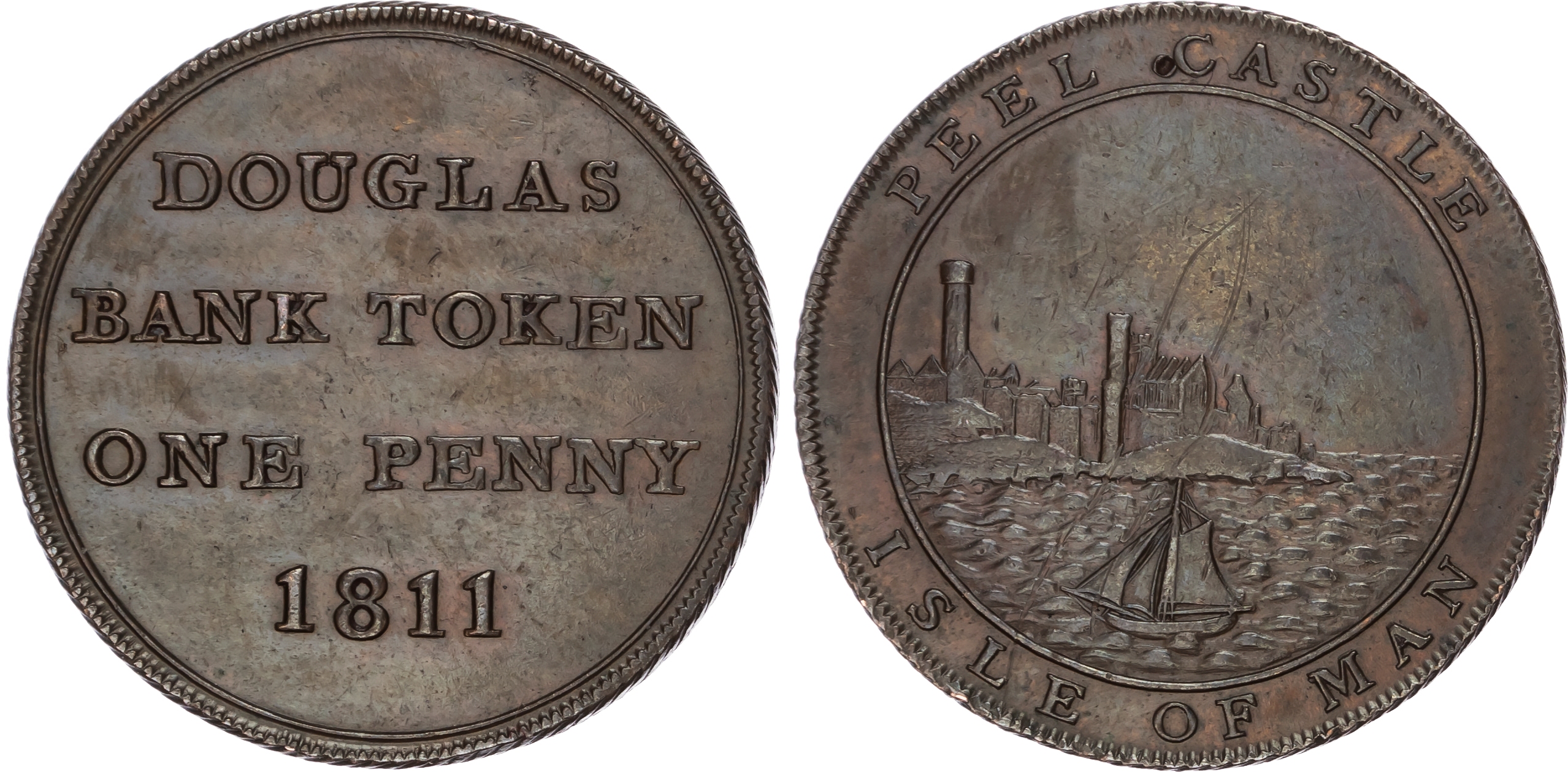 DOUGLAS , Isle of Man, Bank of Douglas Penny 1811, View of Peel Castle from the sea, rev. Four-line legend, ed…