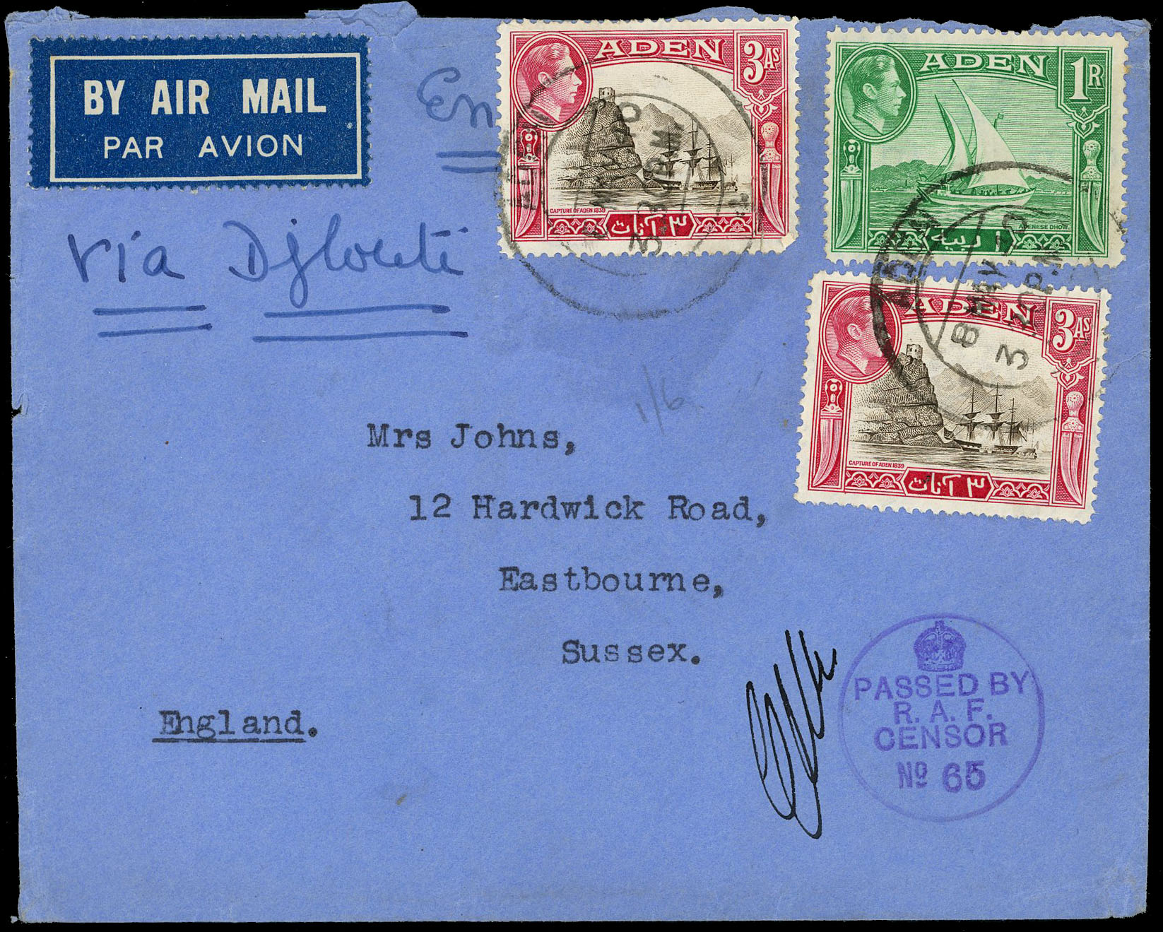 Aden 1940 airmail route cover
