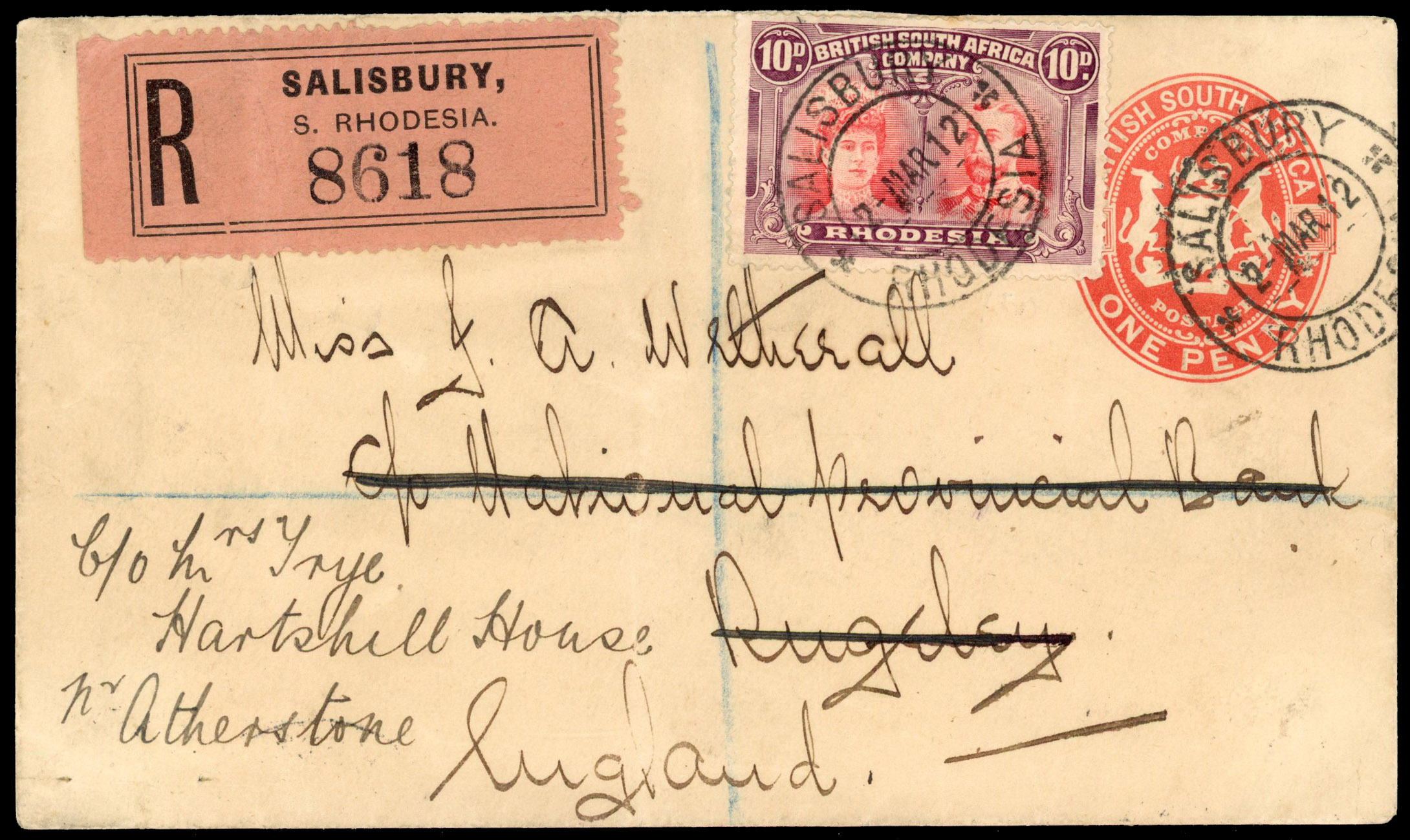 Rhodesia 1912 registered cover from Salisbury to England