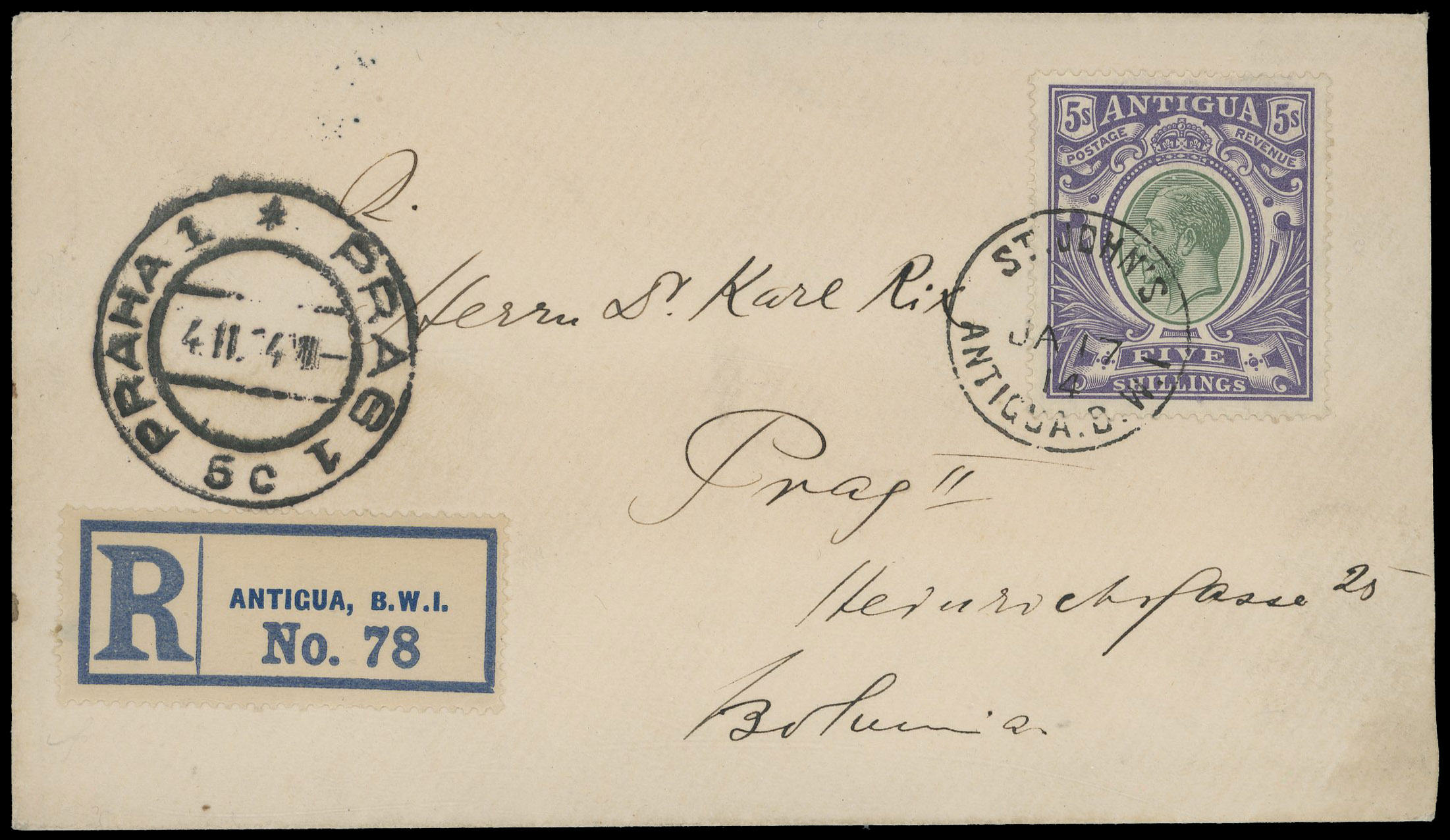 Antigua 1914 registered cover to Prague