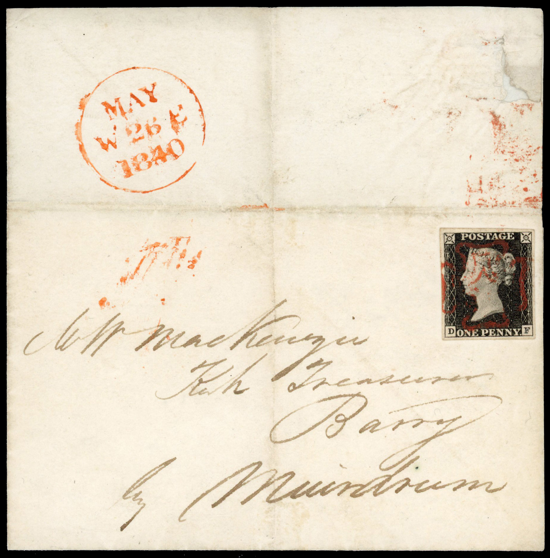 Great Britain 1d black on May Date cover 26th May SG 2 