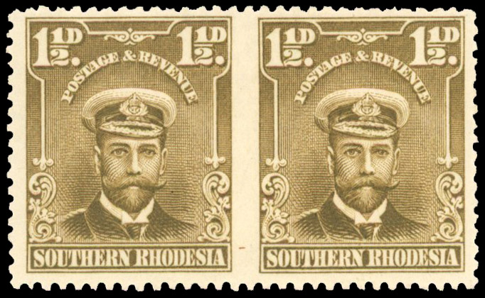Southern Rhodesia 1924-29 1½d bistre-brown, horizontal pair, error IMPERFORATE BETWEEN