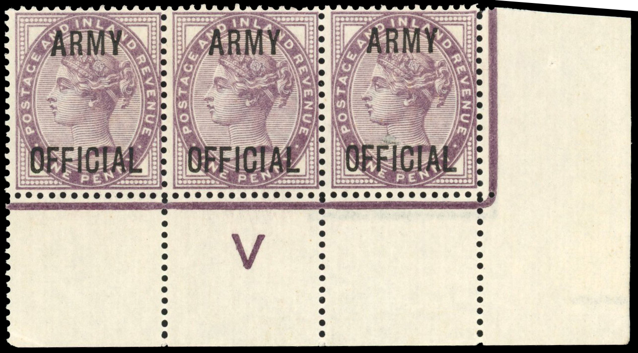 GB SG O43 1896 Army Official 1d lilac control strip mint