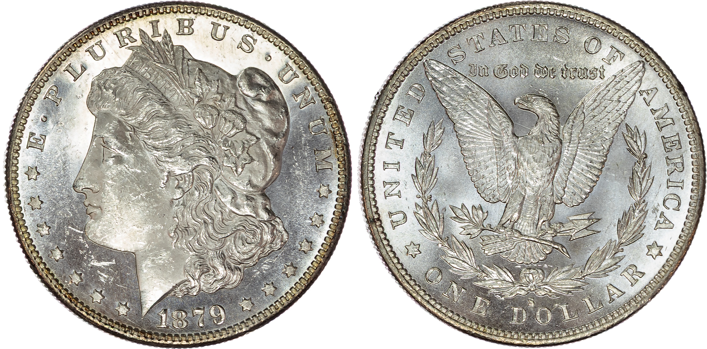 USA , silver Morgan Dollar, 1879, San Francisco, 3rd reverse, slanted arrow, 26.71g (KM 110). Uncirculated, pr…
