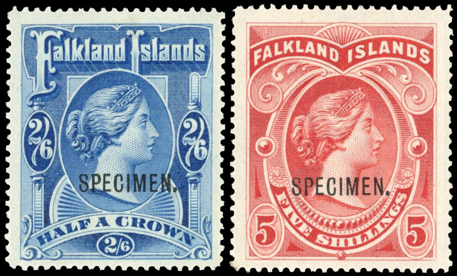 † Falkland Islands SG 41s-42s 1898 2s6d deep blue and 5s red, type B2 SPECIMEN.