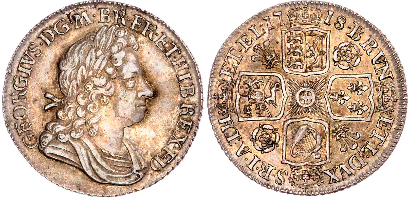 George I (1714-1727), AR Shilling, 1718, roses and plumes. 