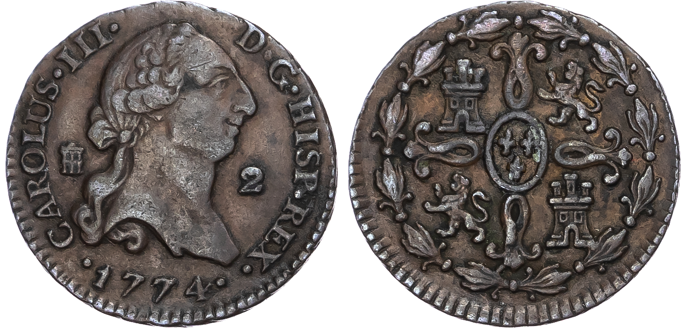 Spain. Carlos III CU 2 Maravedis. 1774.