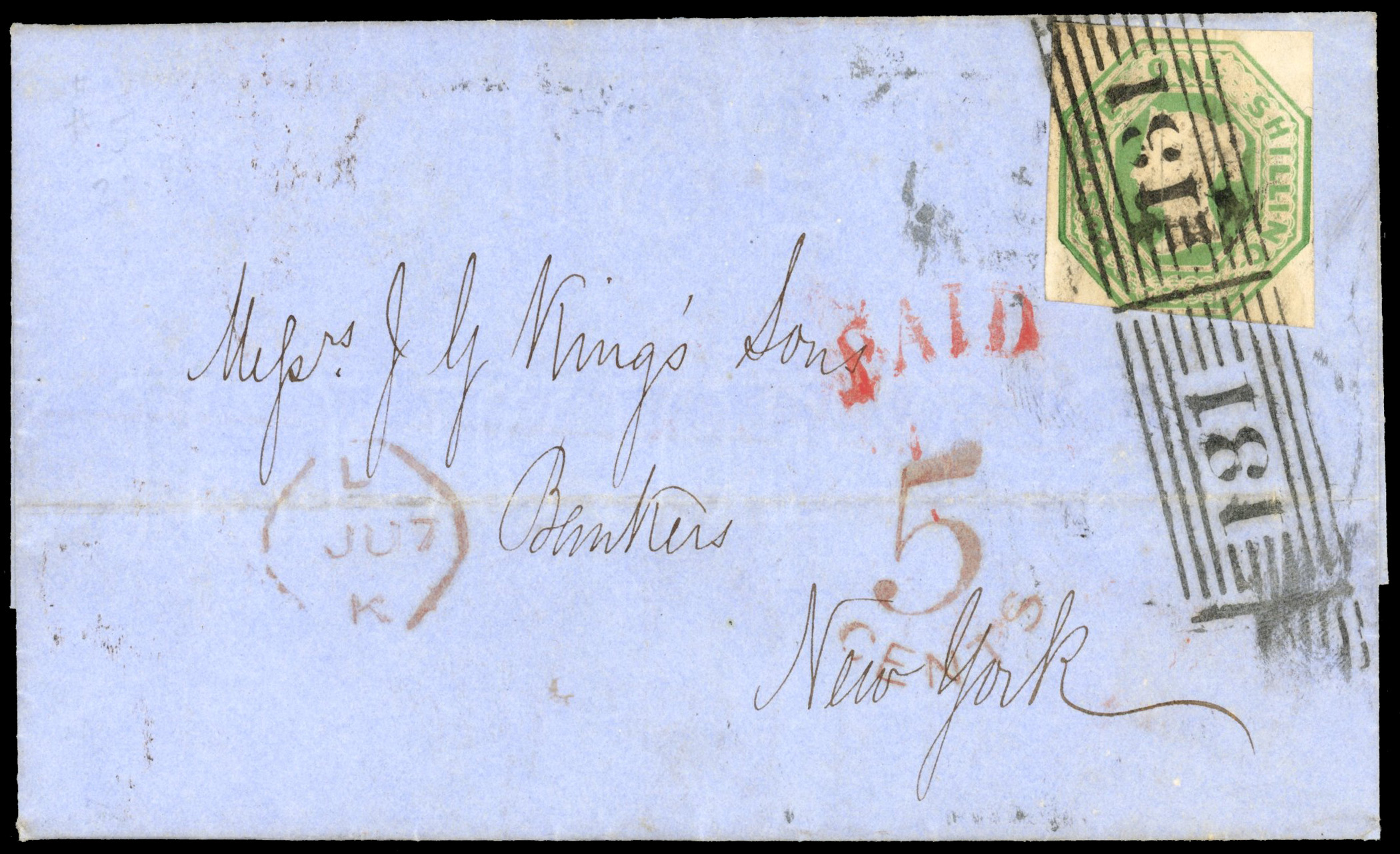 GB 1856 entire to New York, USA, franked by 1847-54 embossed 1s green SG 55
